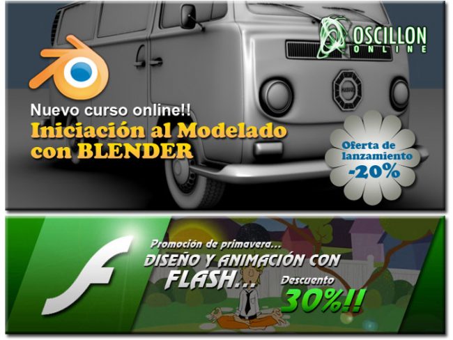 Banners promoción cursos online de Blender y Flash
