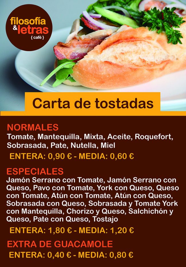 Carta de tostadas café Filosofía y Letras